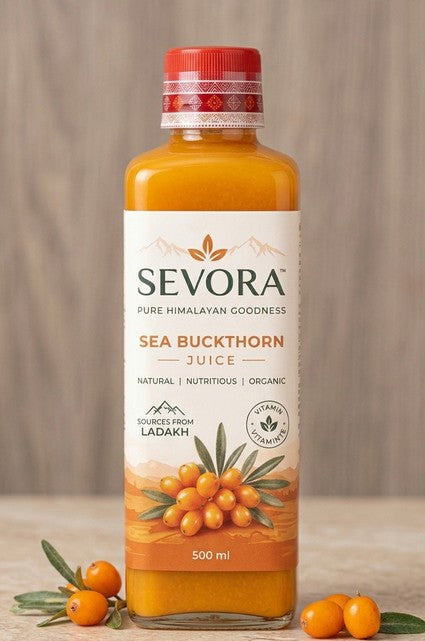 Sevora Sea Buckthorn Juice bottle, sourced from Ladakh